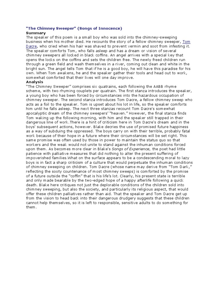 The Chimney Sweeper Poetry Fiction & Literature