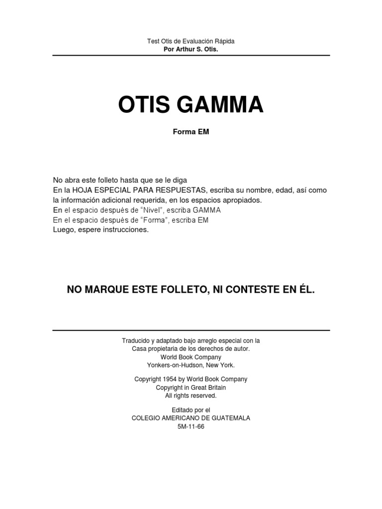 Cuadernillo Test Otis Gamma de Evaluación Rápida