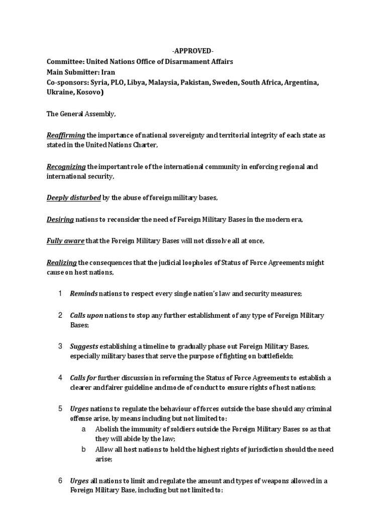 Foreign Military Bases Resolutions Approved United Nations International Relations