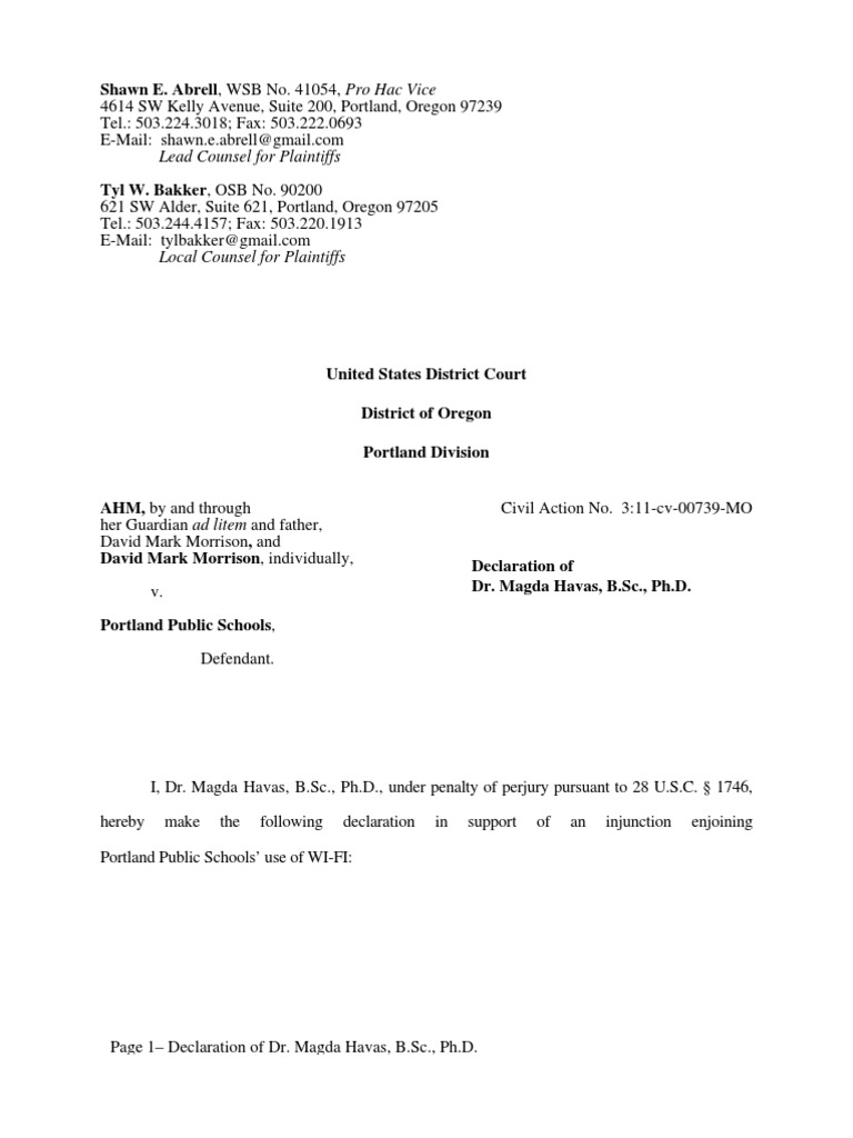 Declaration Of Dr Magda Havas Ph D Pdf Radio Frequency Wi Fi