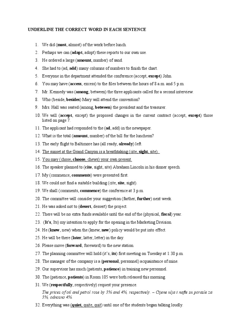 Correct Word Underlining Exercise | PDF
