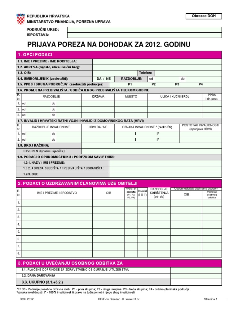 Obrazac DOH2012 RRiF | PDF