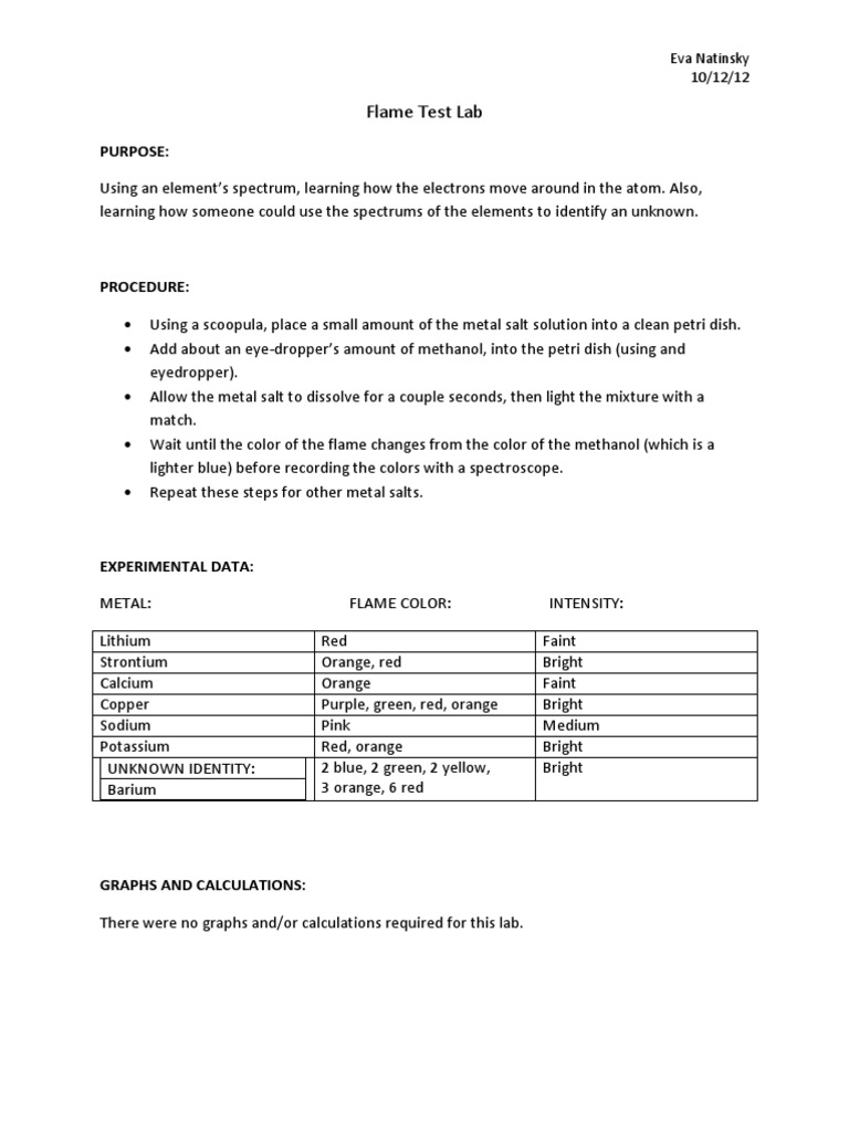 Flame Test Lab- Write Up | Emission Spectrum | Light
