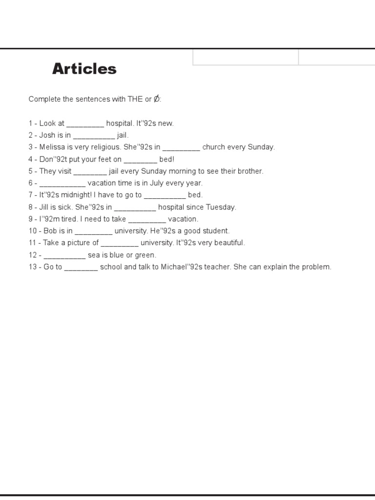Article Usage in Sentences Exercise | PDF | Language Arts & Discipline