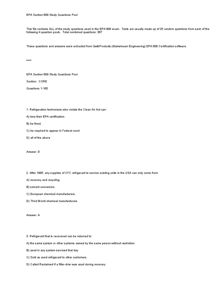 EPA 608 Certification Test Questions Chlorofluorocarbon Industrial