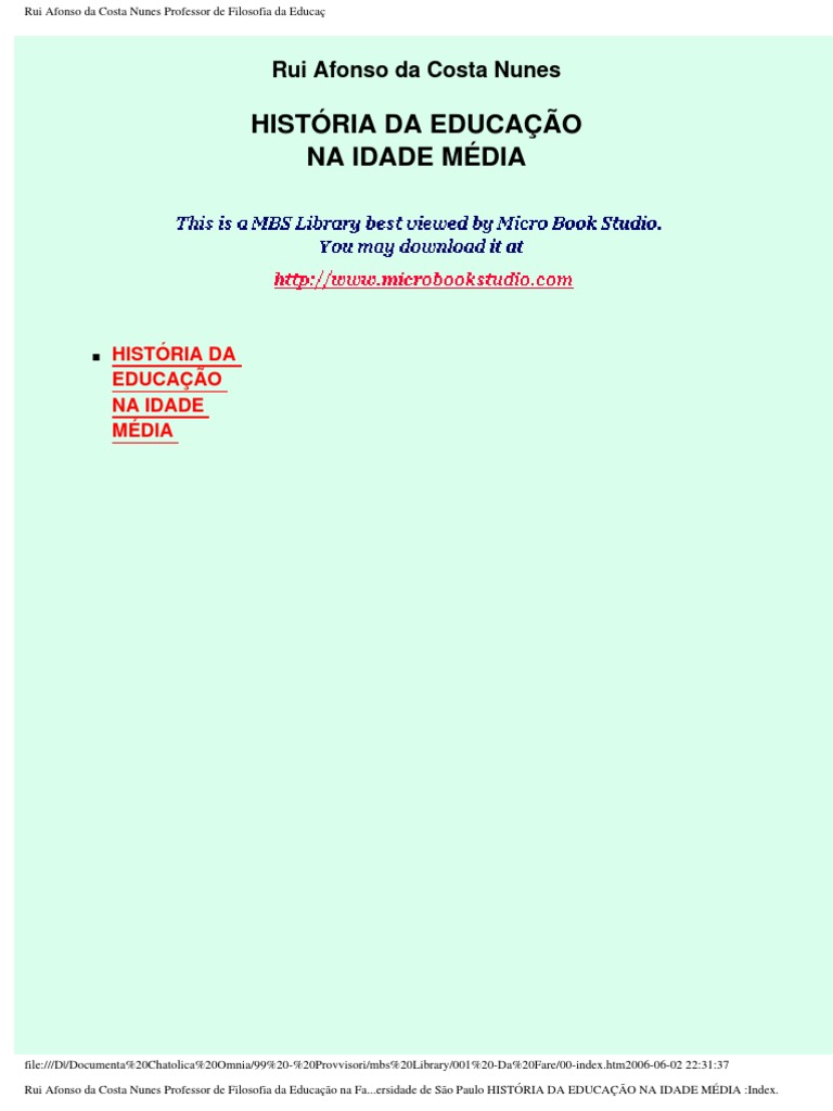 Costa Nunes. Da. Ruy Afonso, Historia Da Educacao Na Idade Media, PT | PDF