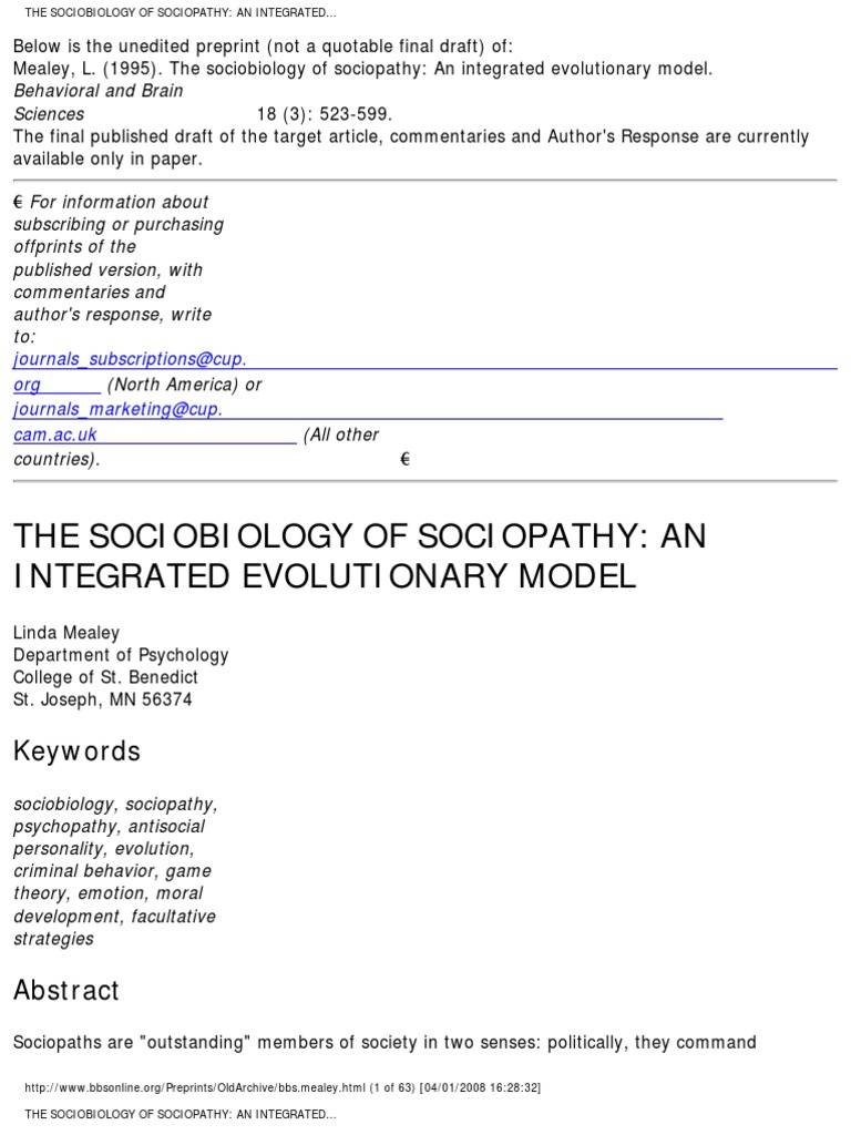 Sociobiology of Sociopathy | PDF | Psychopathy | Juvenile Delinquency