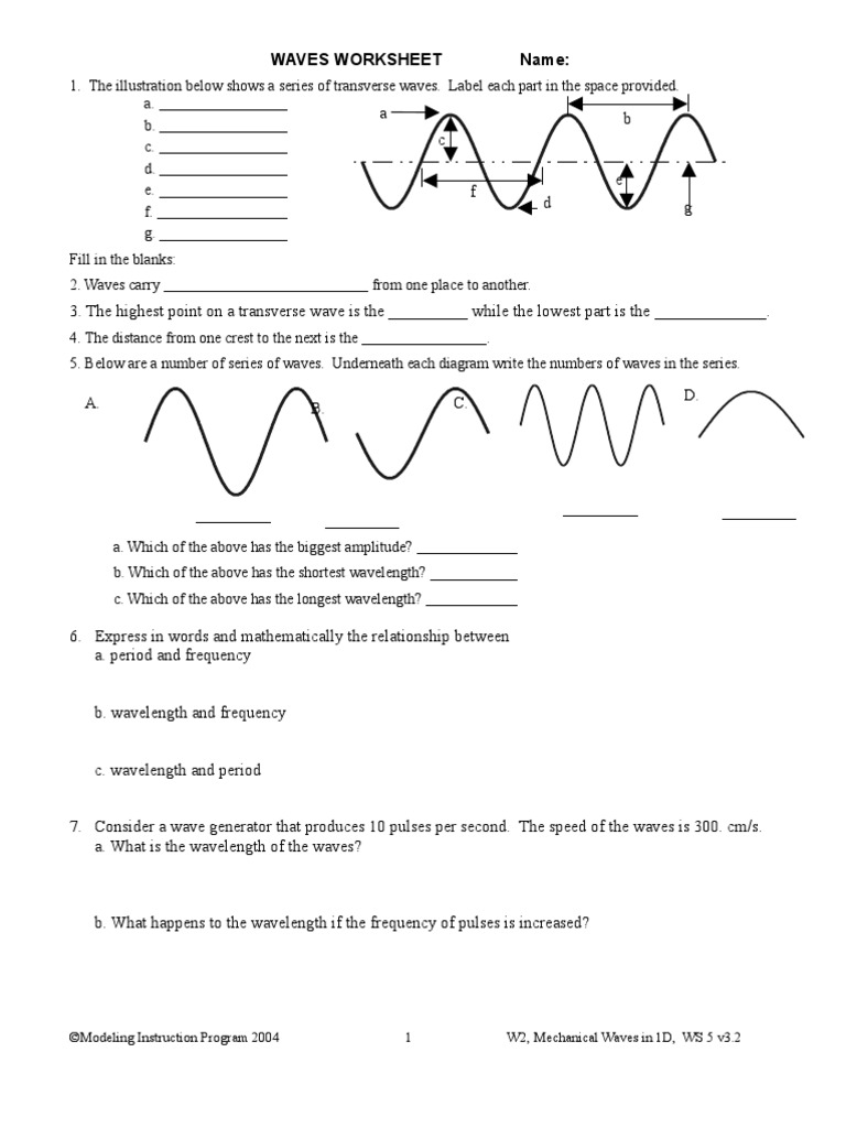 Waves Worksheet Wavelength Waves