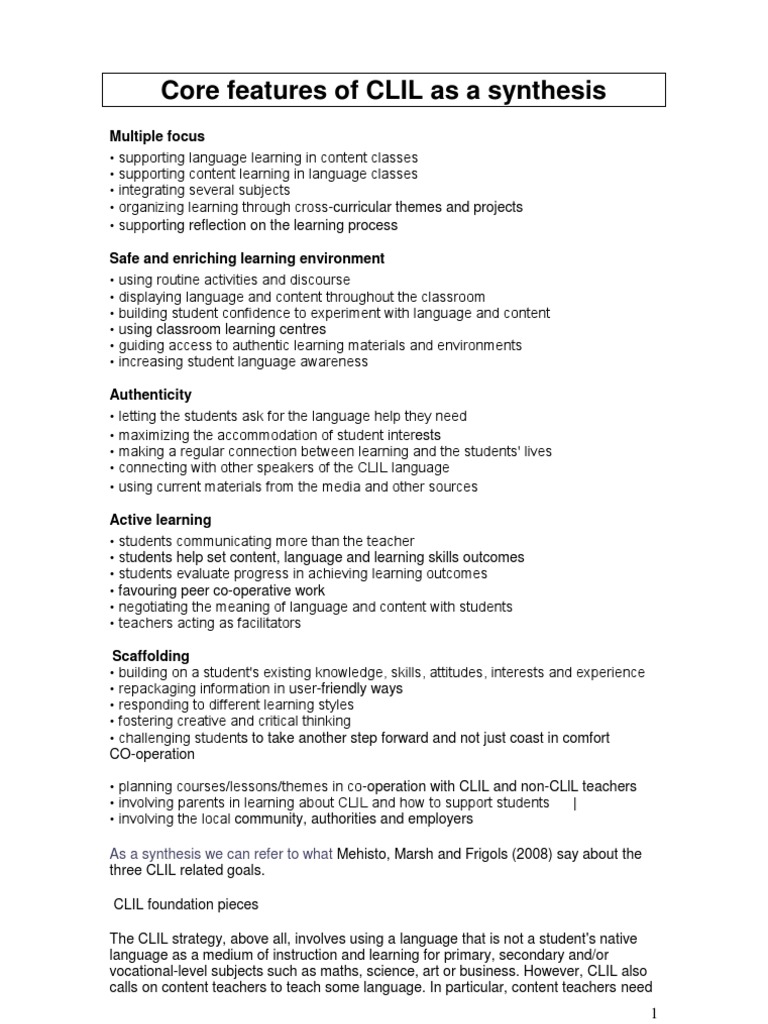 Core Features and Goals of CLIL Using Content and Language Integration