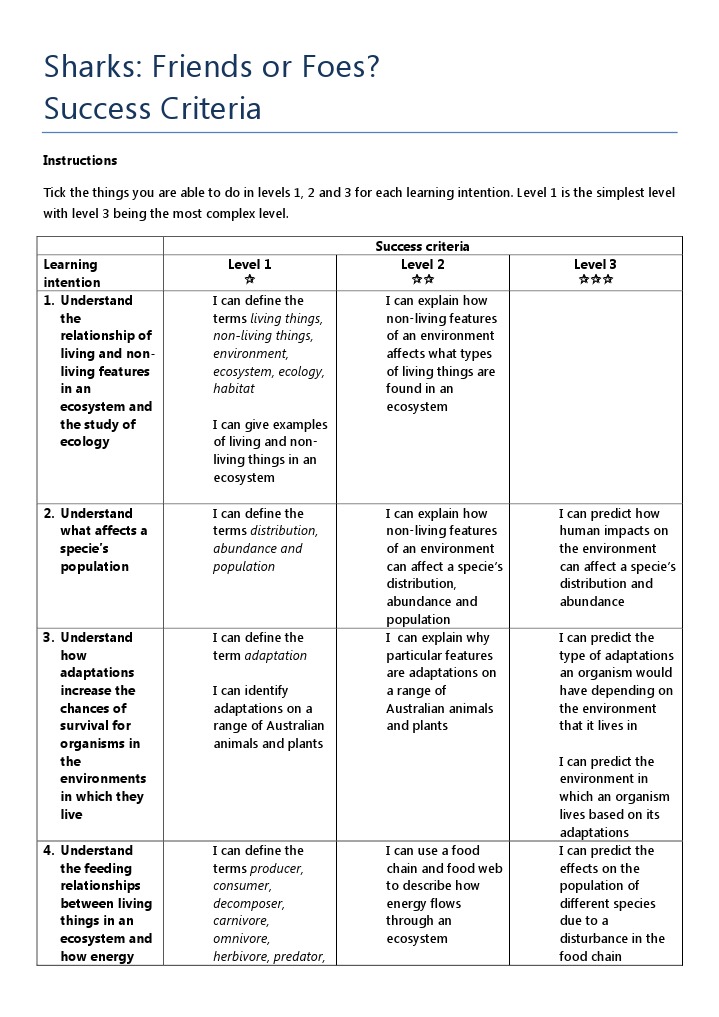 Book report success criteria picture