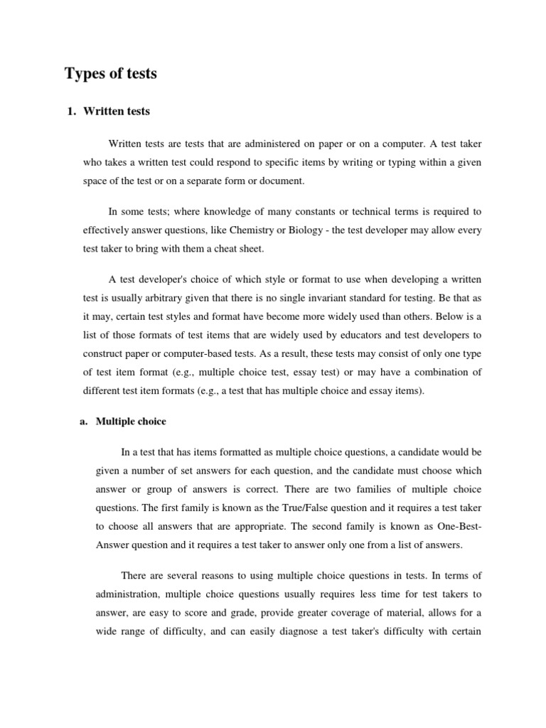Types of Tests | PDF | Multiple Choice | Test (Assessment)