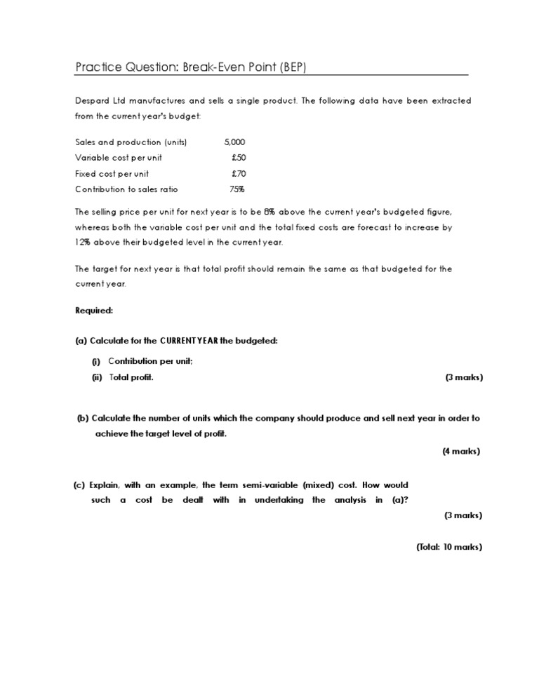 Practice Question: Break-Even Point (BEP) | PDF | Computers
