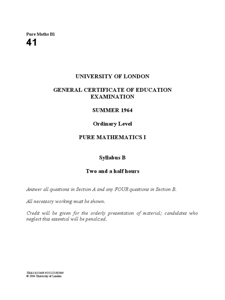 01 O Level Pure 1964 Paper 1 | PDF | Circle | Angle