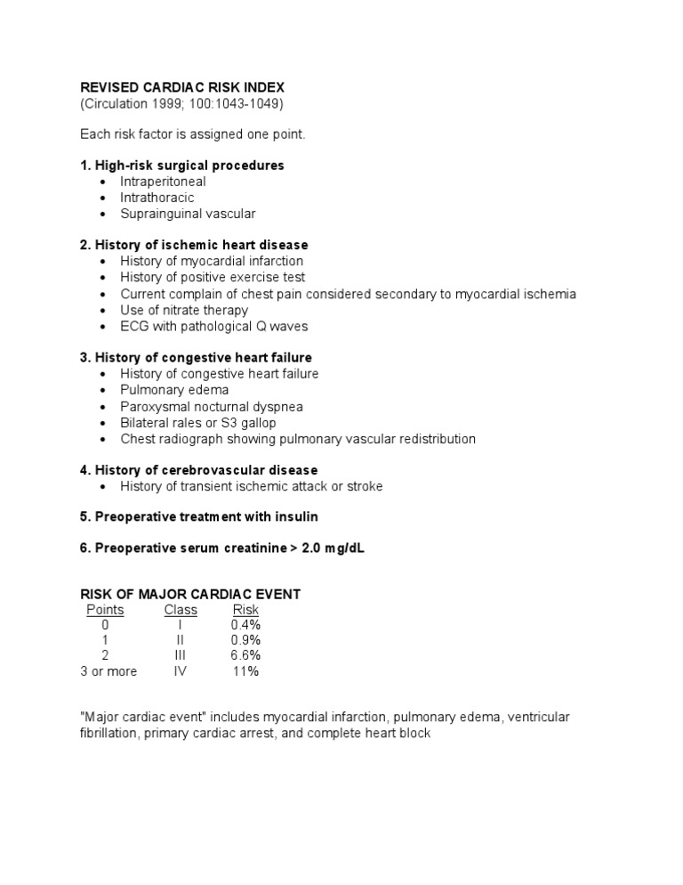 Revised Cardiac Risk Index Overview | PDF