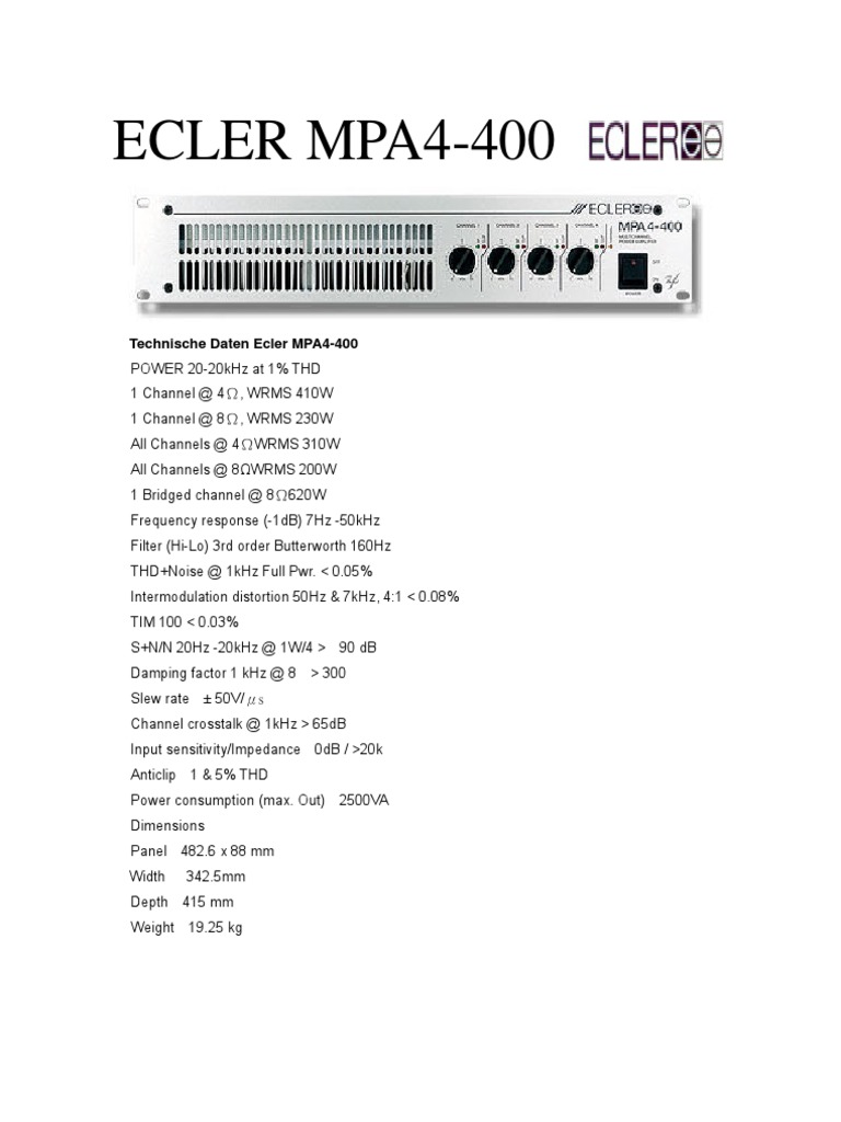 Ecler MPA4-400 Technical Specifications | PDF