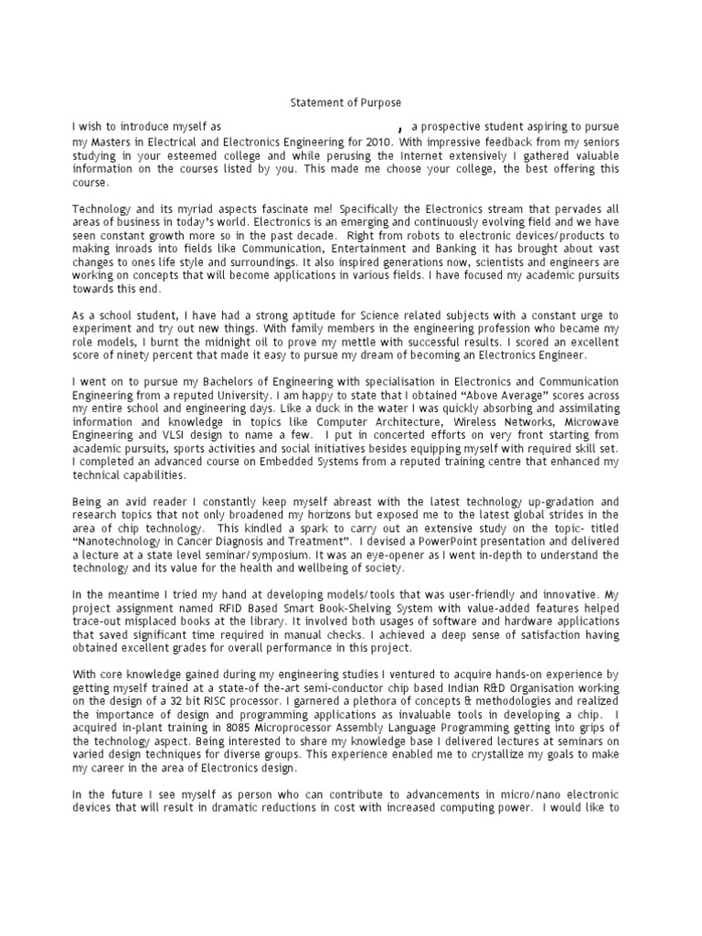 Statement of Purpose For Ms Program | PDF | Engineering | Electronic ...