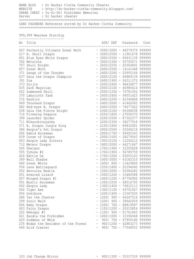 Cheat Password Yu Gi Oh Forbidden Memories Pdf Dragon Nature
