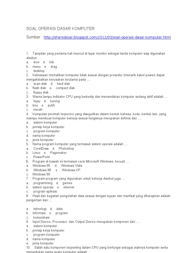 Soal Operasi Dasar Komputer