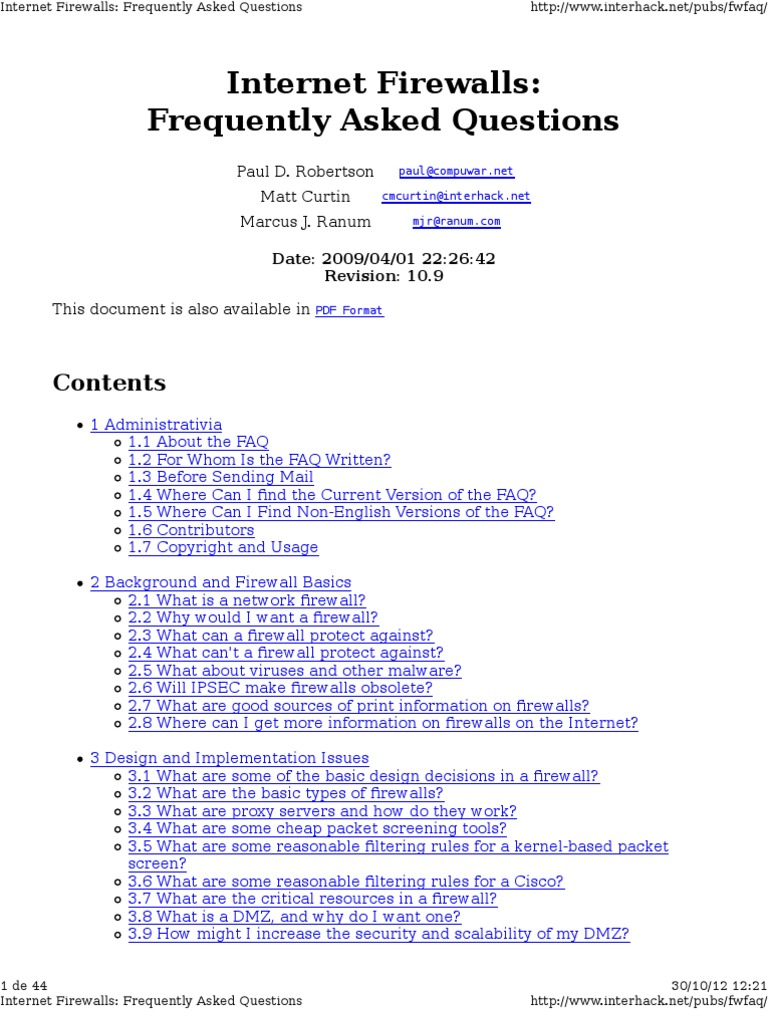 Internet Firewalls: Frequently Asked Questions: Paul D. Robertson Matt ...