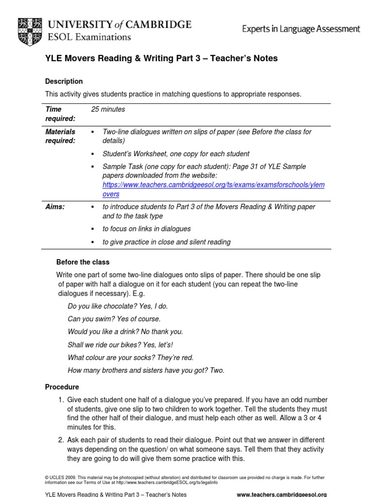 YLE Movers Reading & Writing Part 3 Teacher's Notes Description
