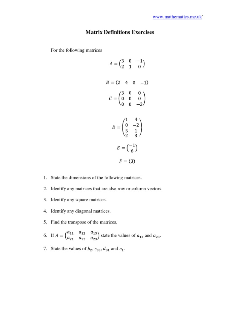 Matrix Definitions Exercises | PDF | Teaching Methods & Materials