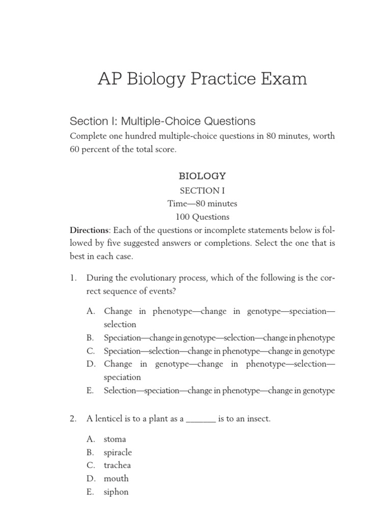 AP Biology Practice Exam Section I MultipleChoice Questions PDF