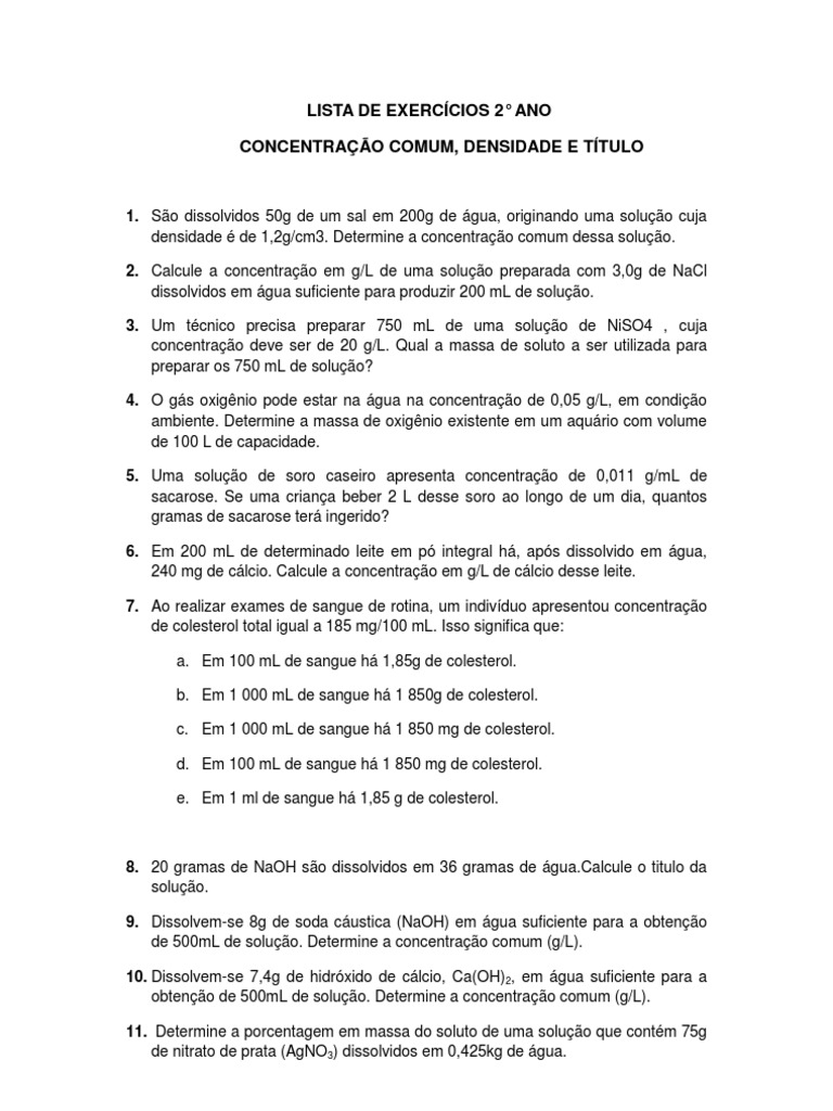 Lista de exercícios sobre concentração comum, densidade e título de ...