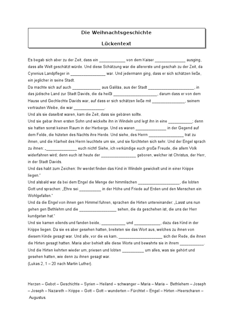 Die Weihnachtsgeschichte - Lückentext | PDF