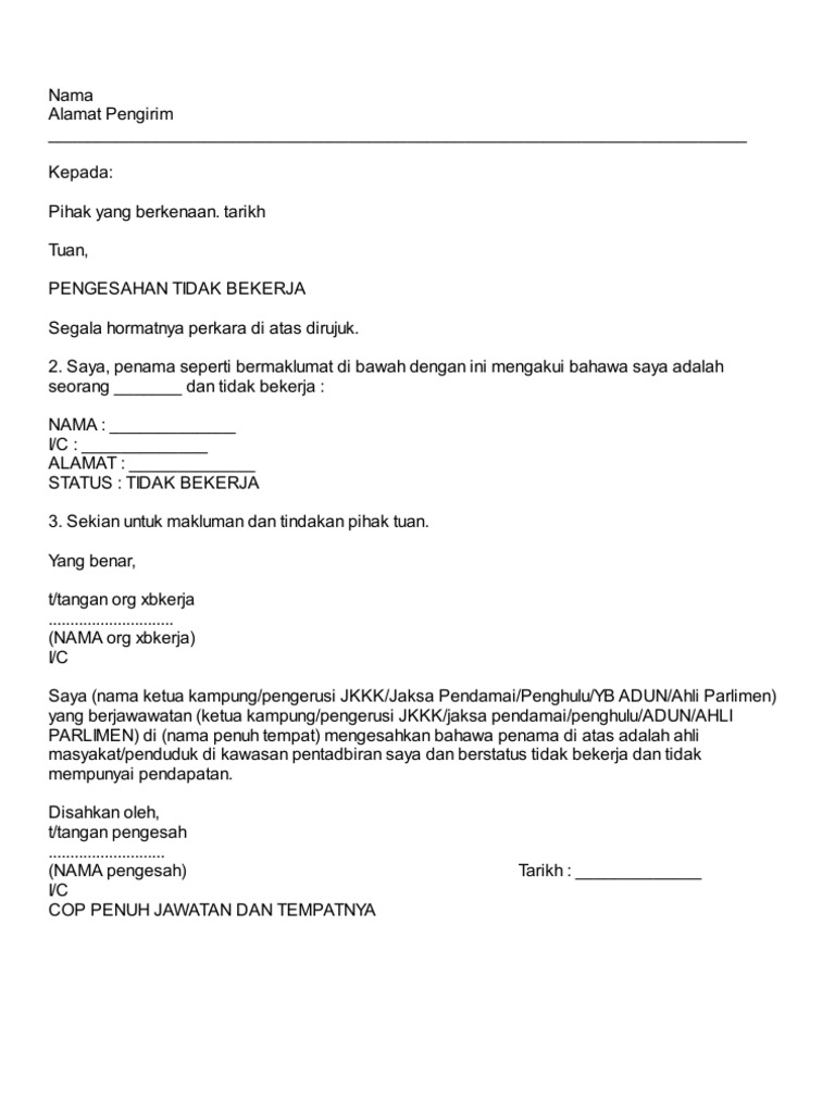 Contoh Surat Pengesahan Pendapatan Bekerja Sendiri Pdf Download