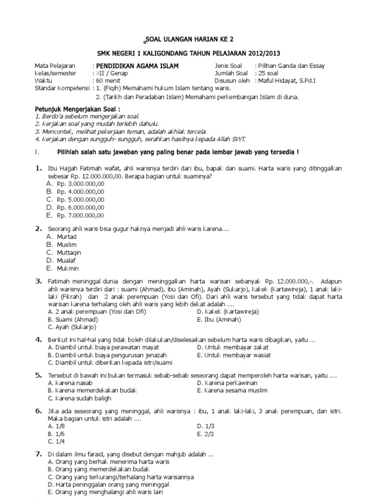 Contoh Soal Warisan Kelas 12 Dan Jawaban - Pendidikan Soal