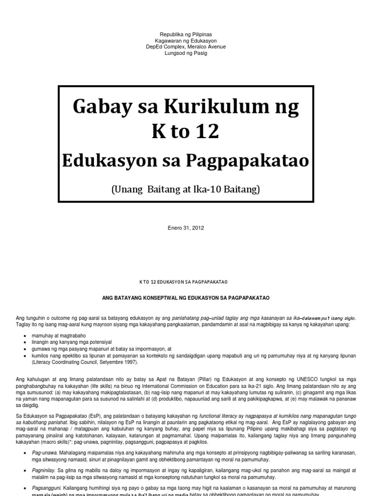 Edukasyon Sa Pagpapakatao K12 Curriculum Guide PDF