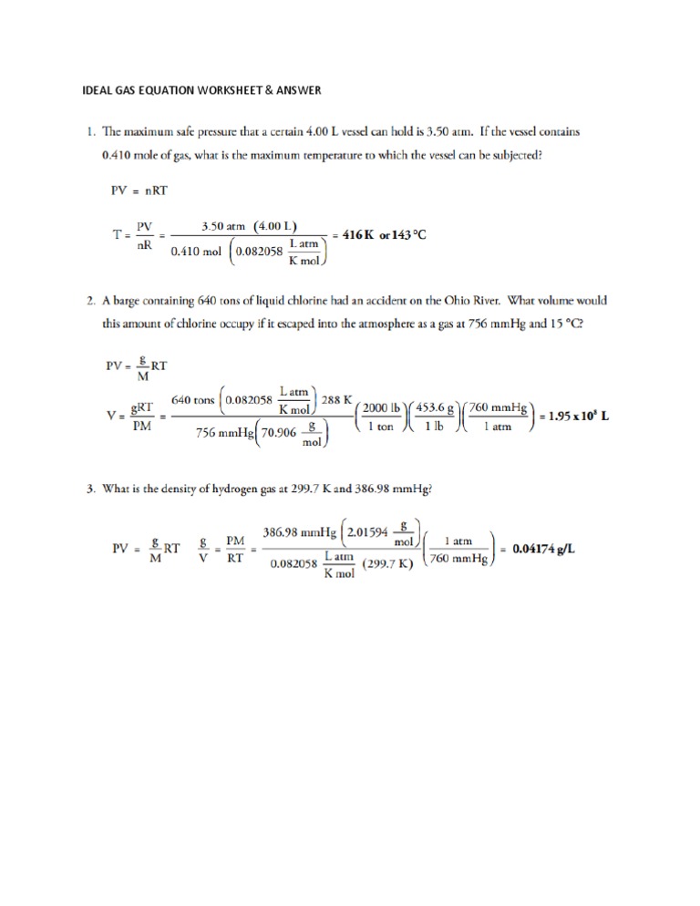 Ideal Gas Equation Worksheet Answers
