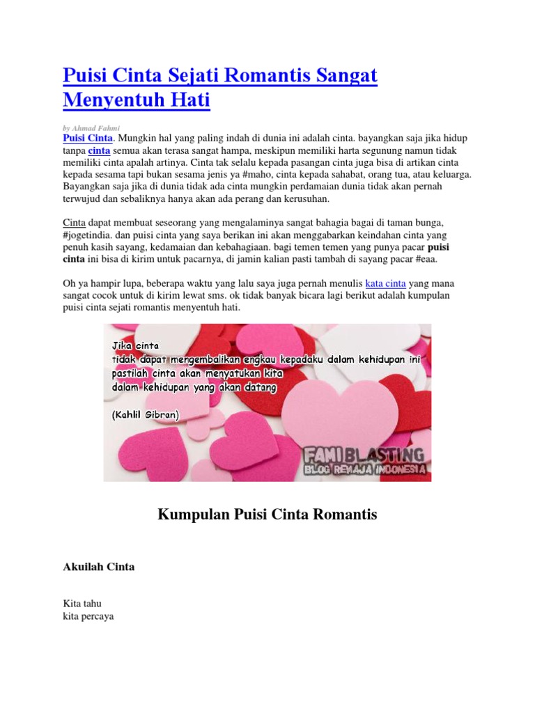 Puisi Cinta Sejati Romantis Sangat Menyentuh Hati