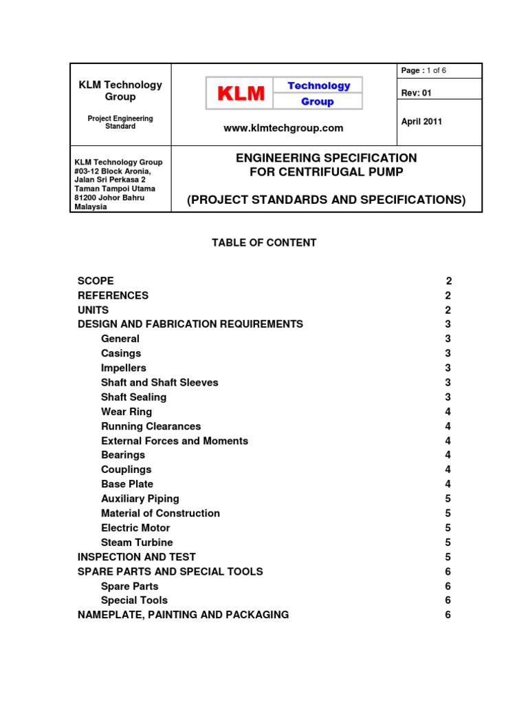 Project Standards and Specifications Centrifugal Pump Rev01 | PDF ...