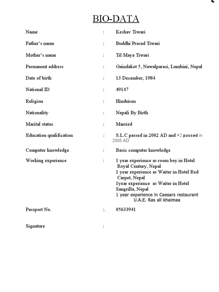 Simple bio data format doc