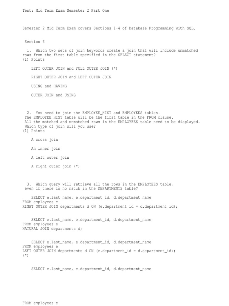 SQL Mid Term Exam Review Questions | PDF