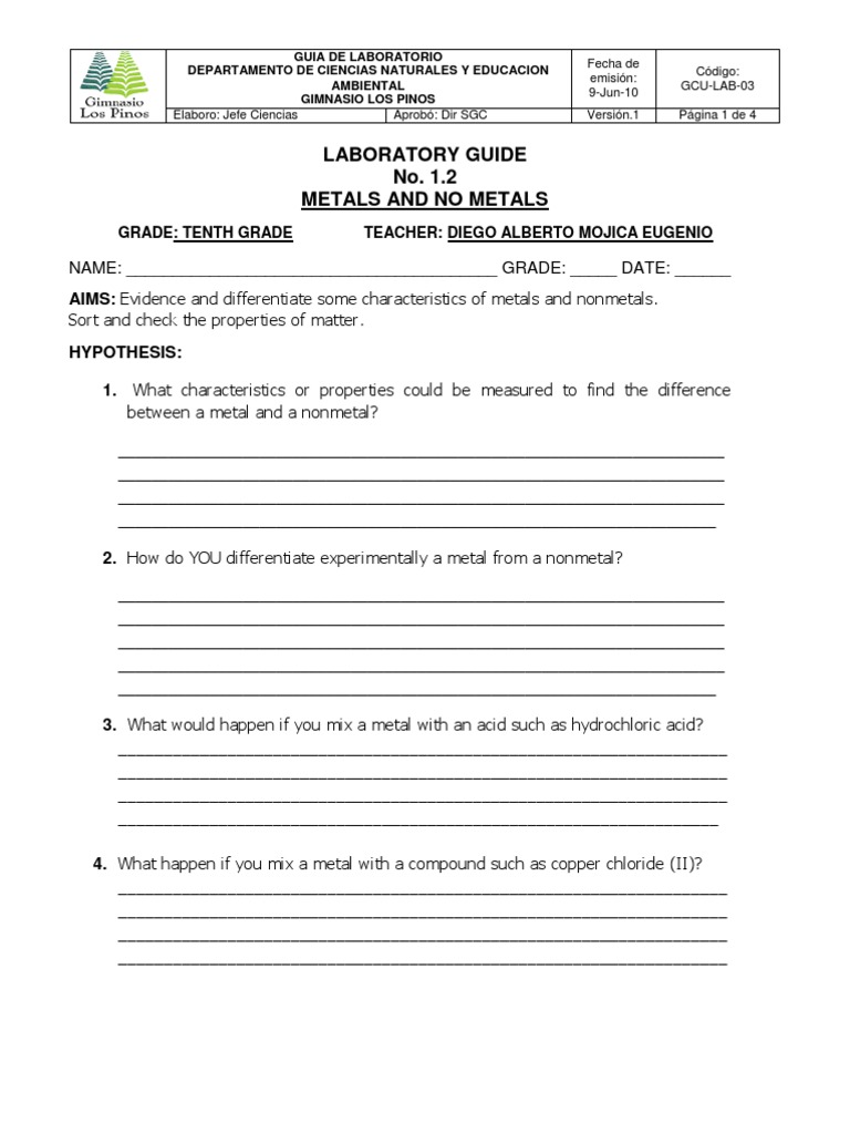 10th Grade Lab: Metals vs Nonmetals | PDF | Metals | Chemical Reactions