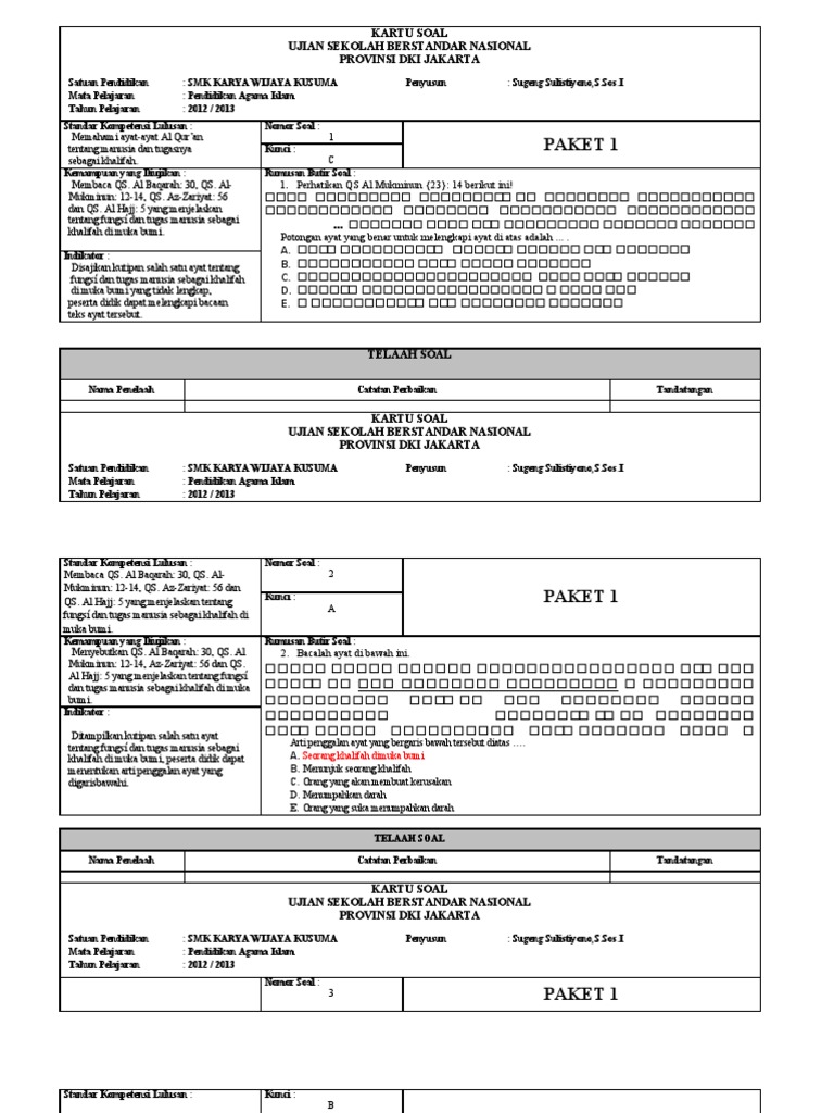 3. Kartu Soal Tulis USBN PAI SMK