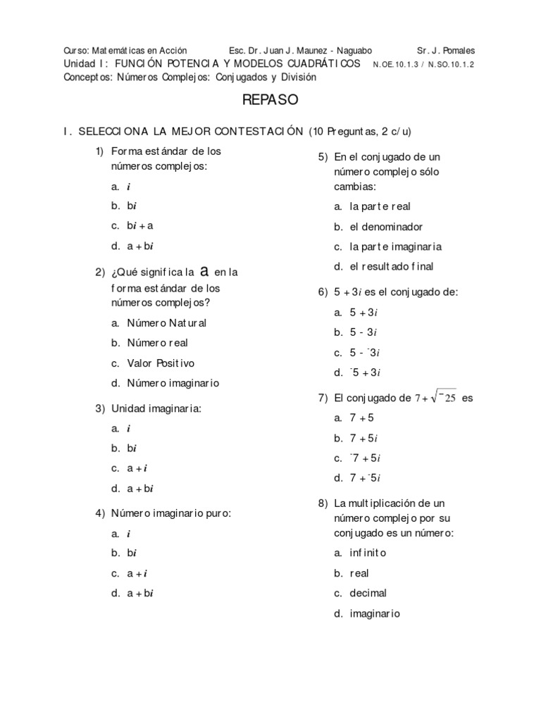 Repaso Examen #4 Division Numeros Complejos Version 1 | PDF | Número  complejo | Número Real