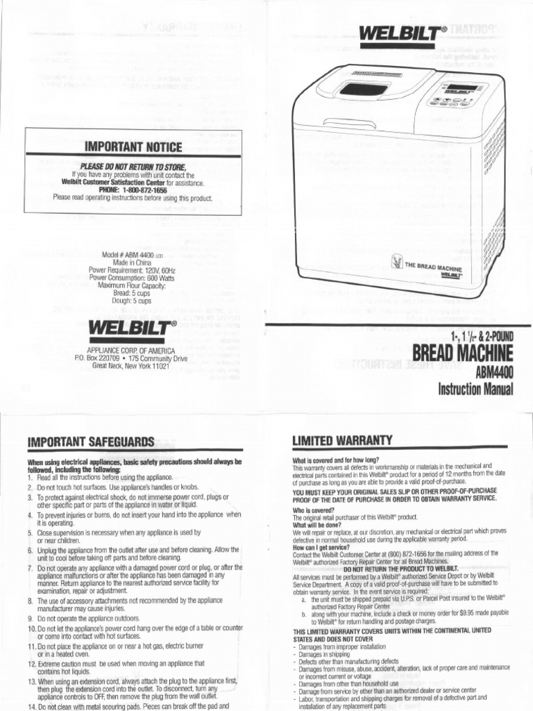 Welbilt ABM4400 Instruction Manual print two sided and fold for booklet
