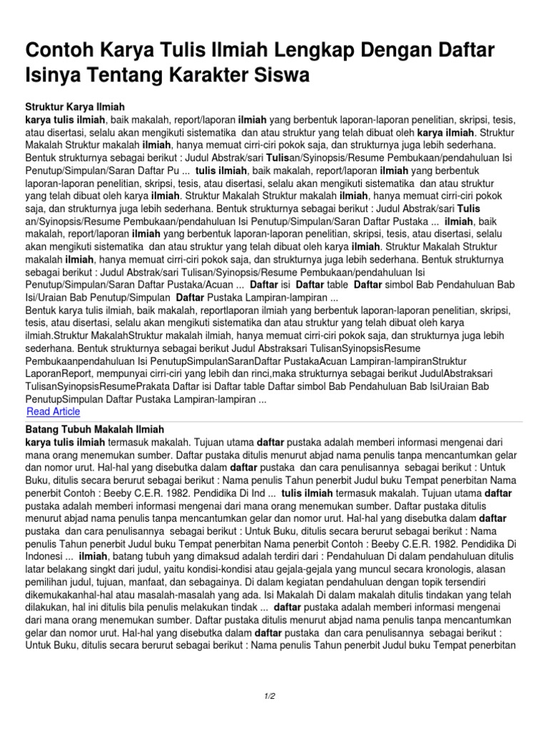 Contoh Karya Tulis Ilmiah Lengkap Dengan Daftar Isinya Tentang Karakter Siswa