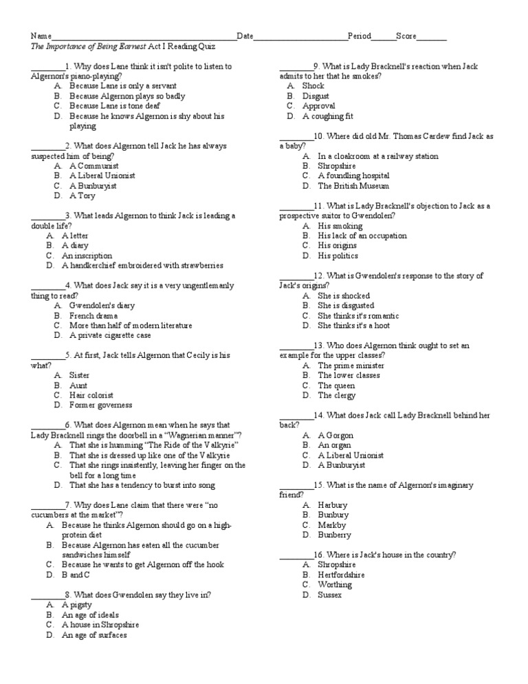 Act I Quiz for Earnest Study Guide | PDF | The Importance Of Being Earnest