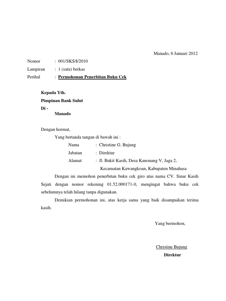 Contoh Surat Permohonan Spesimen Tanda Tangan Bank