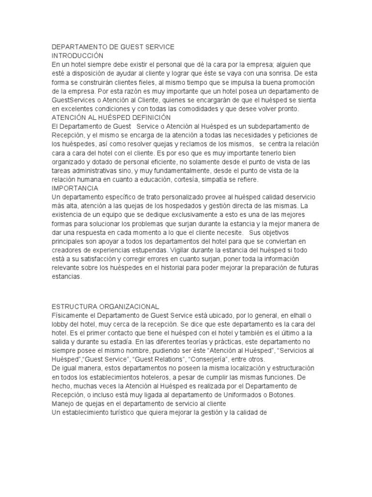 Departamento de Guest Service | PDF | Hotel | Servicio al Cliente