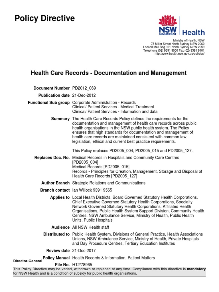 NSW Health PD2012_069 Medical Record Health Care