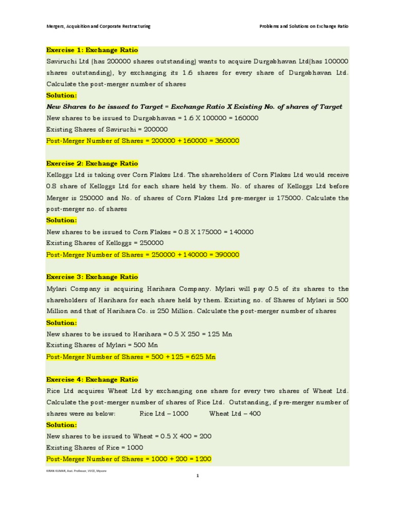 Exchange Ratio - Problems n Solutions | Takeover | Mergers And Acquisitions