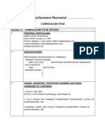 Position:Pharmacist/Assistant Pharmacist: Curriculum Vitae Section-1: Curriculum Vitae Details