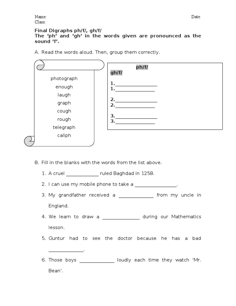 Ph and Gh Digraphs Worksheet | PDF | Language Arts & Discipline
