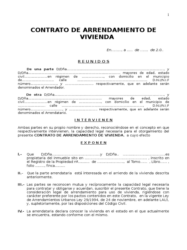 Ejemplo Contrato De Alquiler Vivienda