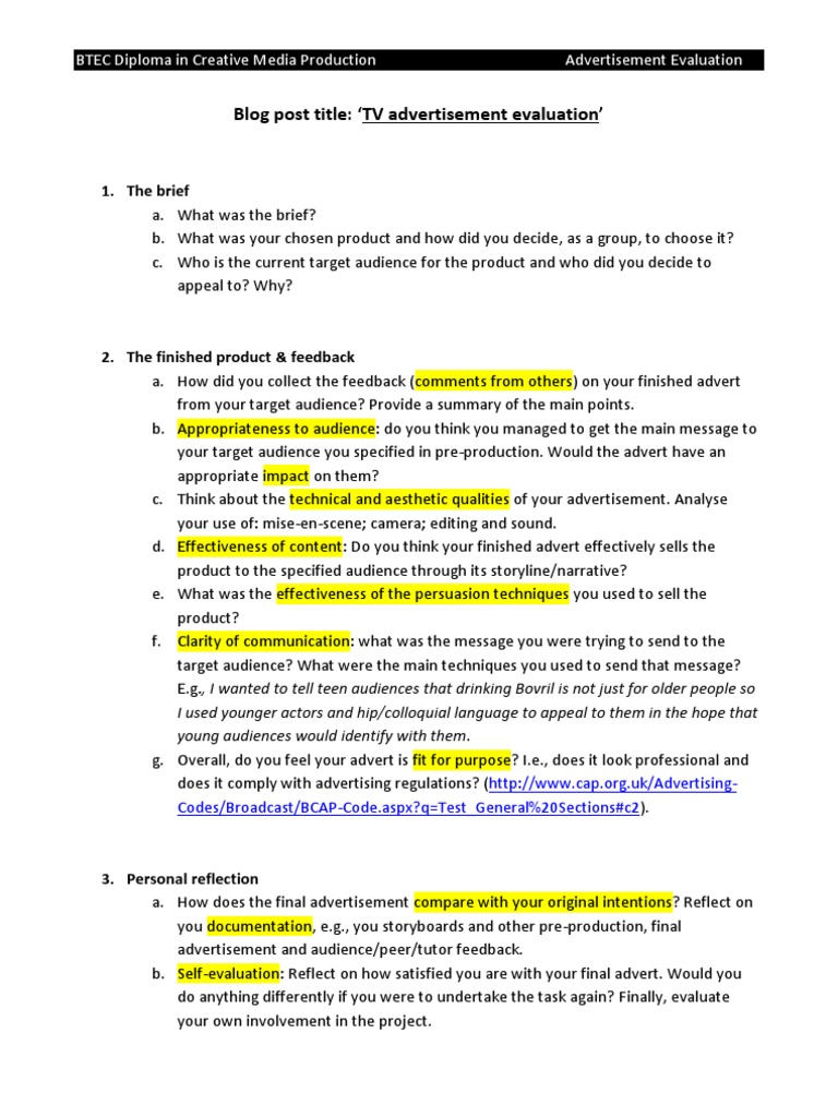 Blog Post Title: TV Advertisement Evaluation': 1. The Brief | PDF
